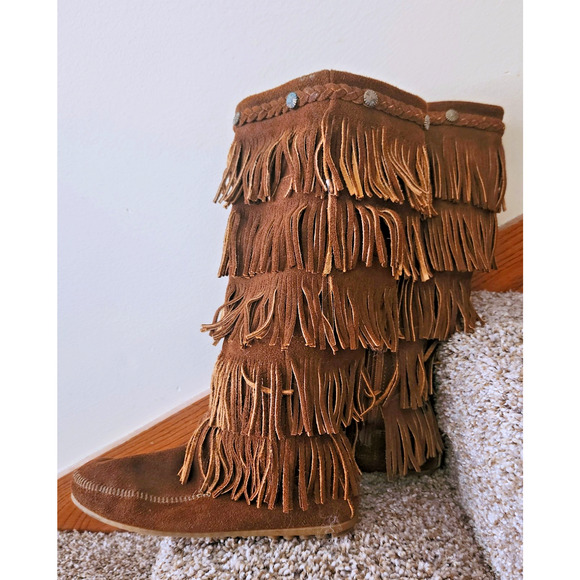 Minnetonka 5 Layer Fringe Boots Womens 8 Brown Suede Tall Zip Moc - Picture 3 of 10